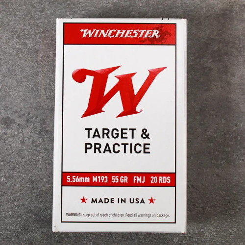 Winchester White Box 5.56 NATO 55gr FMJ ammunition box front view