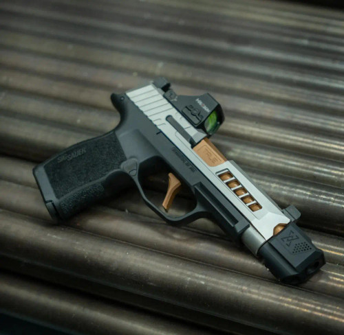 SIG P365 series True-Lock compensator with 1/2x28 thread in black and silver