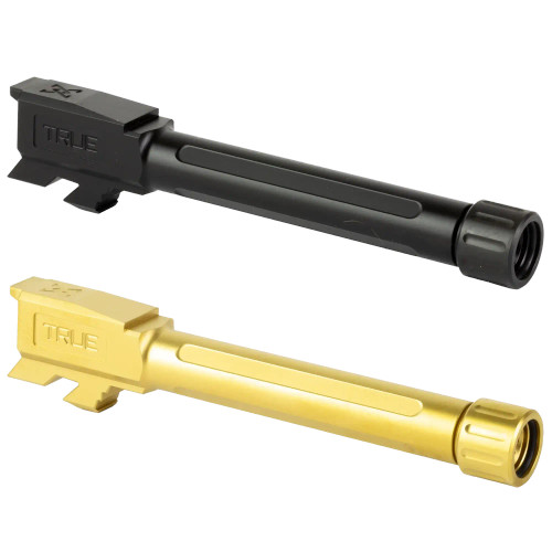 Aftermarket Glock 48 threaded barrel upgrade in black nitride or gold finish