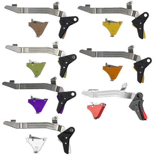 Timney Alpha Competition Trigger for Glock Gen 5 red straight trigger shoe and safety blade assembly, bronze trigger, orange, red, gold, purple, silver