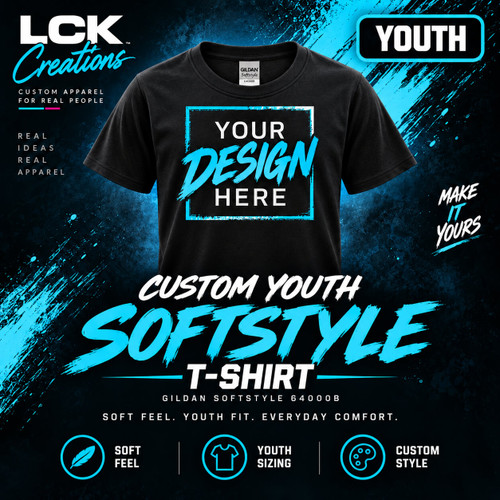 Black youth Softstyle T-shirt shown blank and ready for custom artwork or personalization.