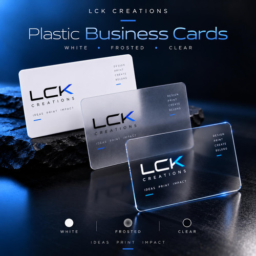 Custom plastic business cards in white, frosted and clear finishes by LCK Creations