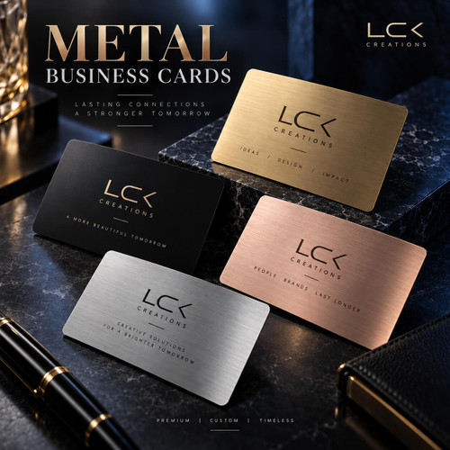 Custom metal business cards in stainless steel, black, gold, rose gold and bronze finishes by LCK Creations