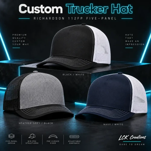 Custom Richardson 112FP trucker hat featuring a structured five-panel front, curved bill, mesh back, and personalized full-color artwork by LCK Creations.