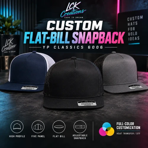 Custom YP Classics 6006 flat-bill snapback hat featuring a structured high-profile crown, flat brim, and personalized full-color artwork by LCK Creations.