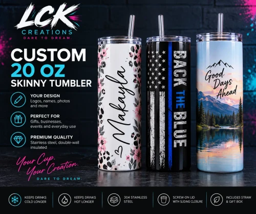 Custom 20 oz skinny stainless steel tumbler featuring colorful personalized artwork by LCK Creations.