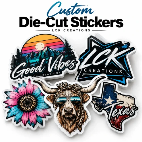 Custom die-cut vinyl stickers featuring colorful business logos, unique artwork, and personalized designs with precision-cut edges.