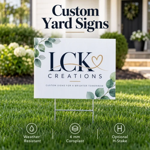 Custom full-color yard sign displayed in a residential lawn with weather-resistant corrugated plastic and metal H-stake.