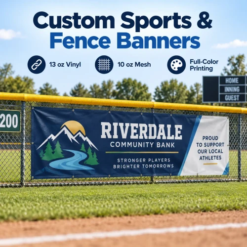 Custom sports and fence banner displayed on a baseball field fence with colorful sponsor artwork and weather-resistant vinyl.