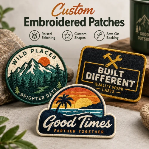 Custom embroidered patches featuring colorful stitched logos, unique shapes, and personalized designs for hats, jackets, uniforms, and accessories.