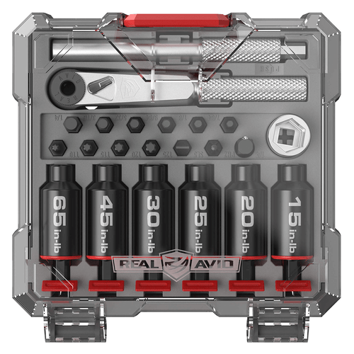 Close-up of click-style fixed torque limiter labeled 15–65 in-lb for optic and action screw torque control