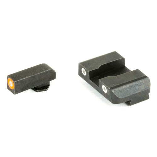 Glock 3-dot tritium night sight set with green lamps, orange outline front, and white outline rear