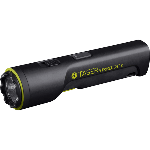 TASER StrikeLight 2 black stun gun flashlight kit with wrist strap and USB-C charging cable