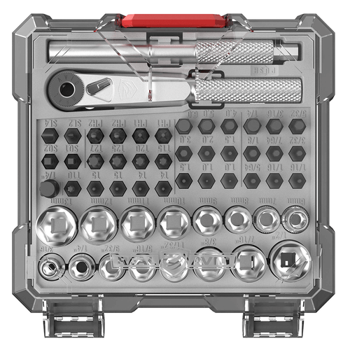 52-piece gunsmithing kit showing driver, 35 precision bits, 16 sockets, and 1/4 inch hex-to-square adapter