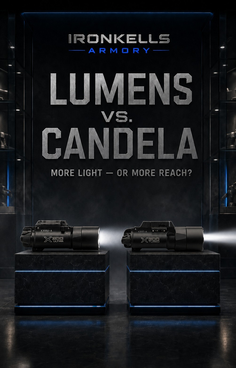 IronKells Armory Lumens vs Candela comparison showing SureFire X300 Ultra and X300 Turbo weapon lights