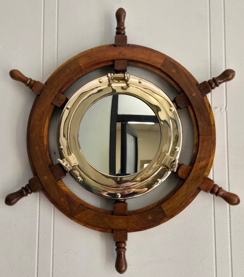 Wooden Ship's Wheel Porthole Mirror, 30"