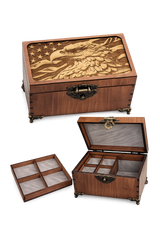 Discover our 7.5" patriotic keepsake box. Features an engraved bald eagle lid, high-gloss cherry finish, brushed brass accents, and a felt-lined tray.