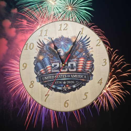 America 250th Anniversary 12-Inch Wooden Wall Clock - Commemorative Eagle Flag Patriotic Silent Quartz Timepiece