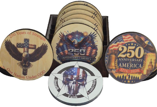 USA 250th Anniversary Patriotic Wood Coasters - 6-Piece Laser Engraved American Flag Drink Mat Set