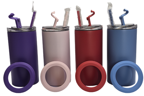Four multi-colored Hogg 4-in-1 insulated can coolers in purple, pink, red, and blue matte finishes for custom laser engraving.