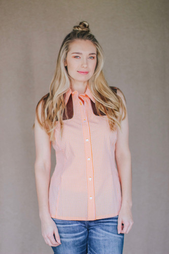 Sleeveless Orange Gingham Shooting Shirt