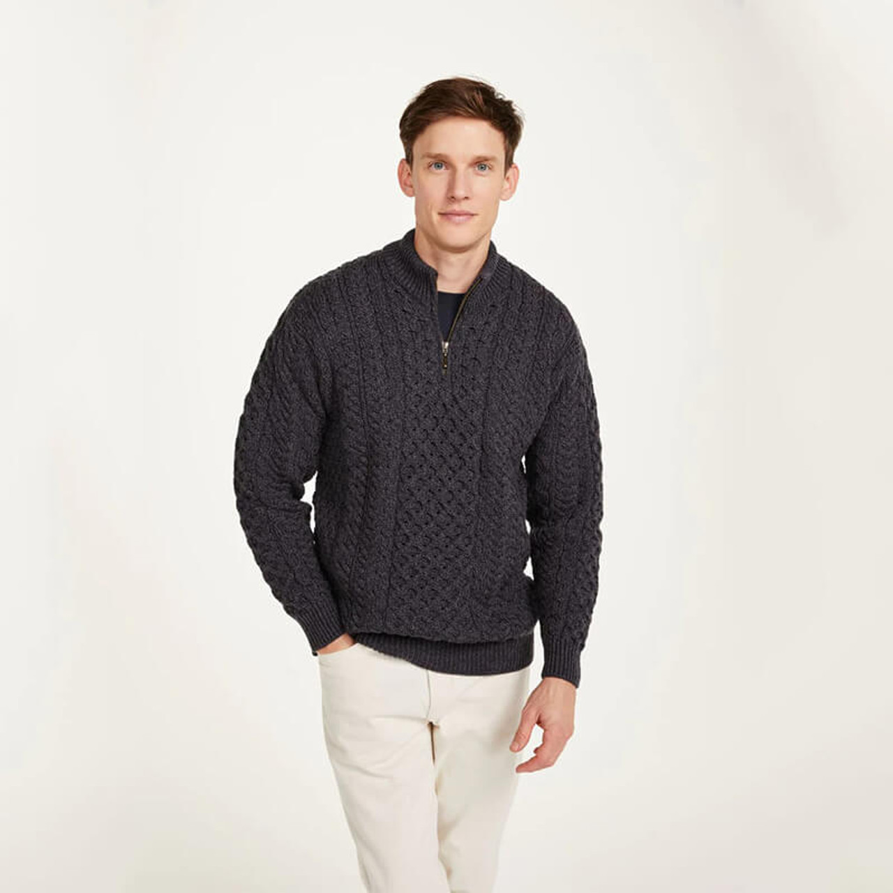 Men's Aran Half Zipper Sweater | 100% Merino Wool | Aran Woolen