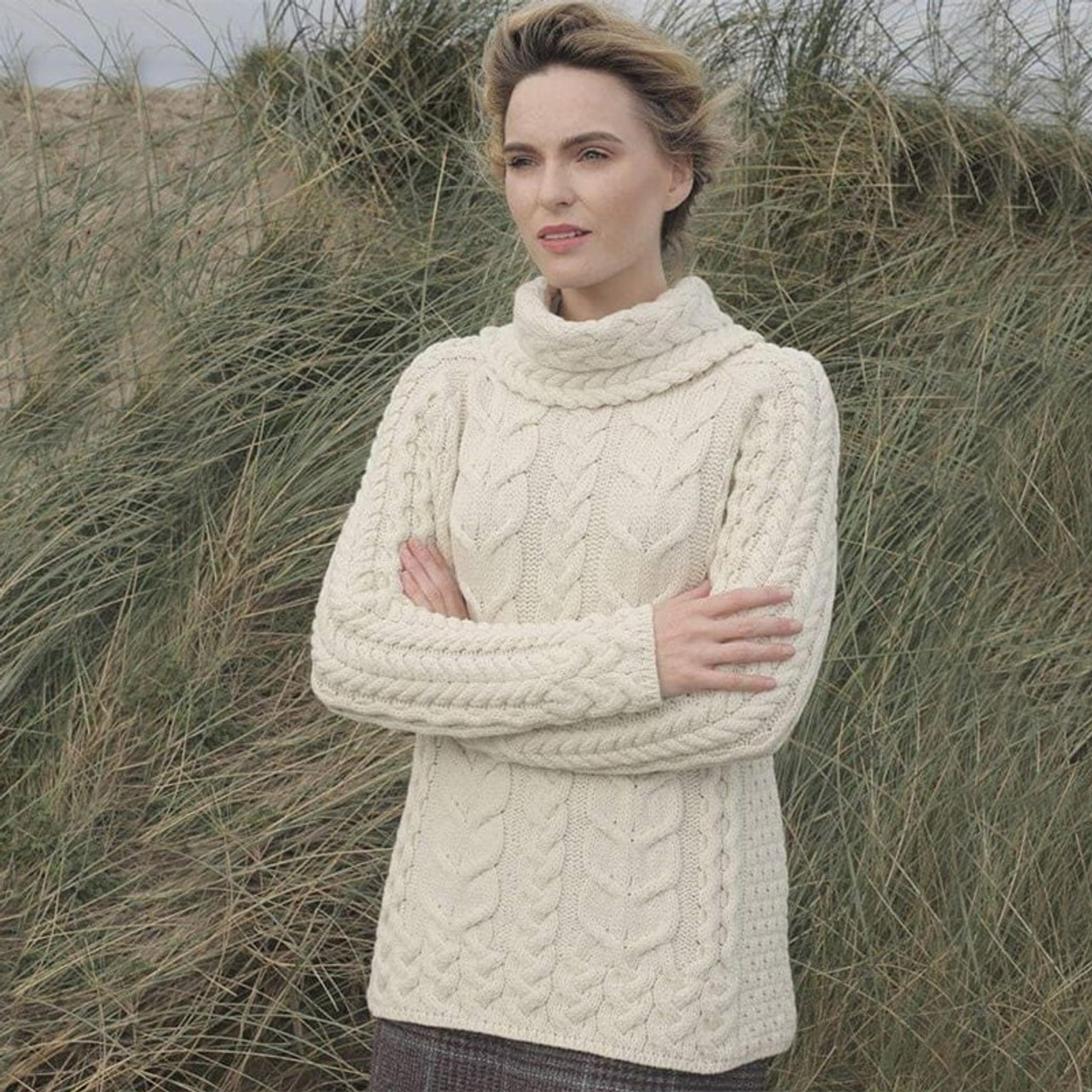 Aran Merino Cowl Neck Sweater - Natural | Celtic Clothing Company