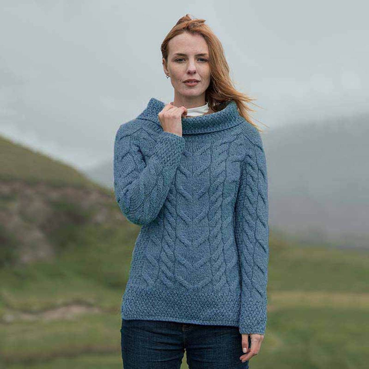 Ladies Vented Turtle Neck Wool Sweater | Aran Woollen Mills