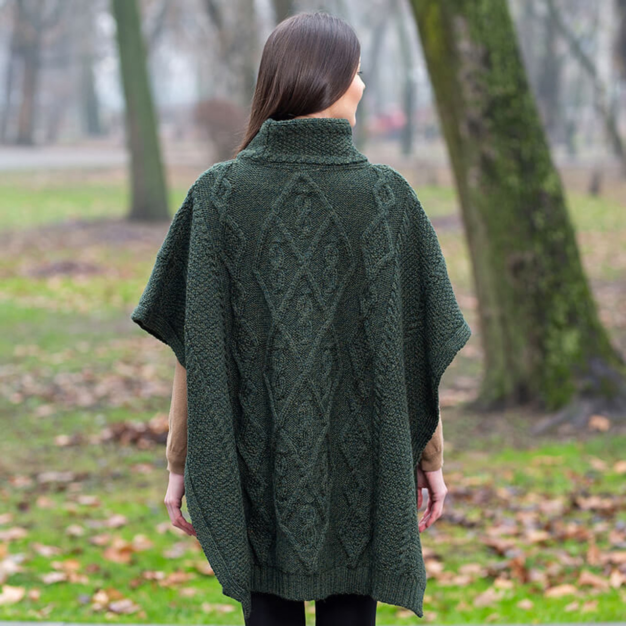 Aran Diamond Moss Knit Wool Poncho | Shamrockgift