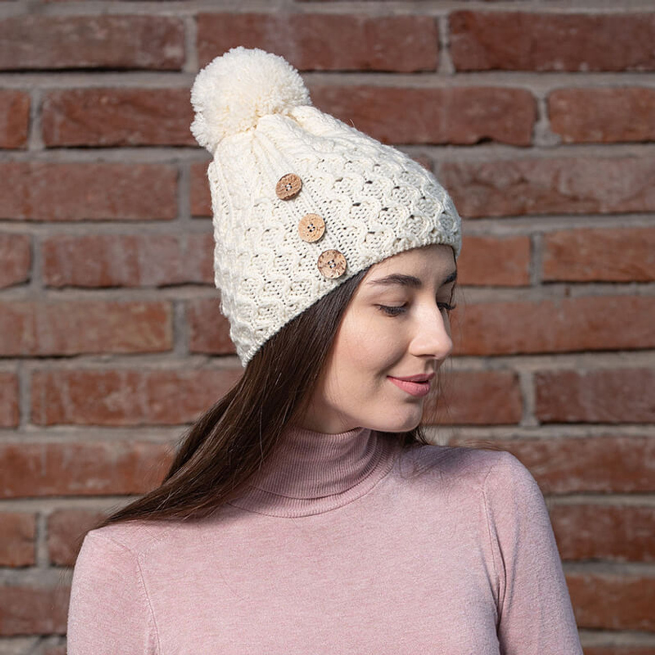 Aran Beanie Pom Pom Hat with buttons - Aran Sweaters Direct