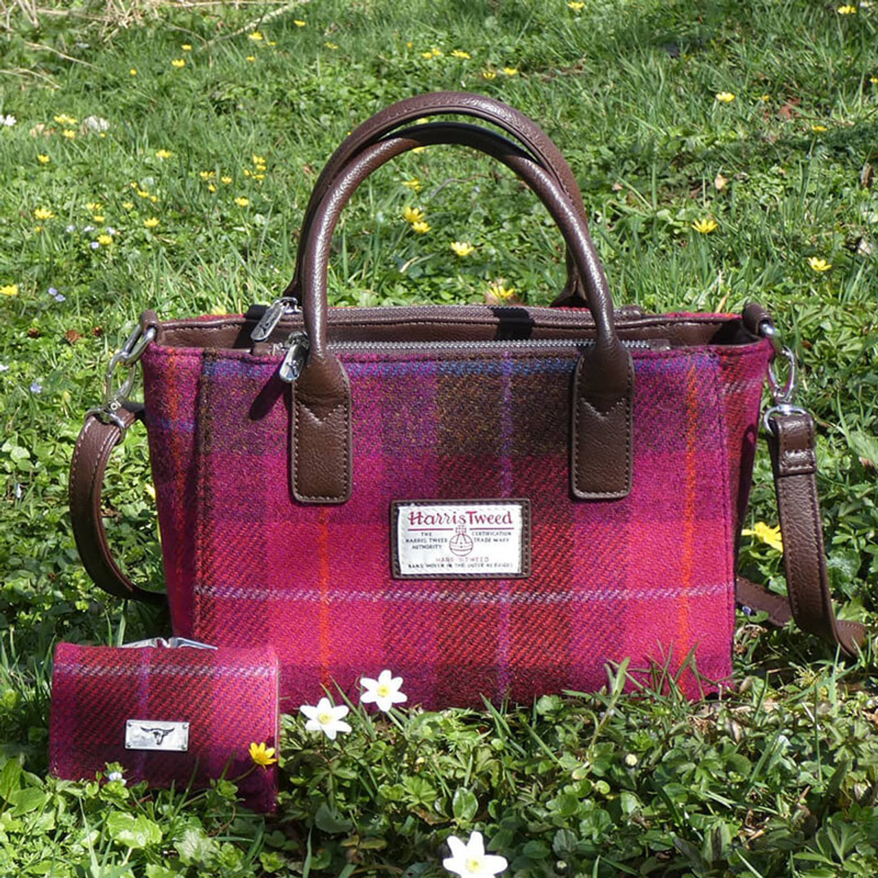 Kelly Tweed & Leather Tote Bag - Green and Pink Plaid