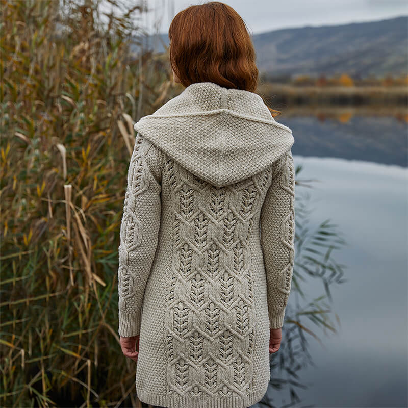 Leaf Stitch Aran Long Cardigan with Hood Fast US Delivery