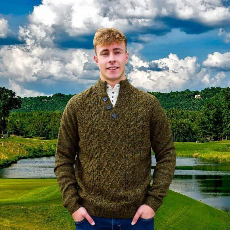 Traditional Irish Fisherman Sweater with Button Mock Neck | Wool Blend