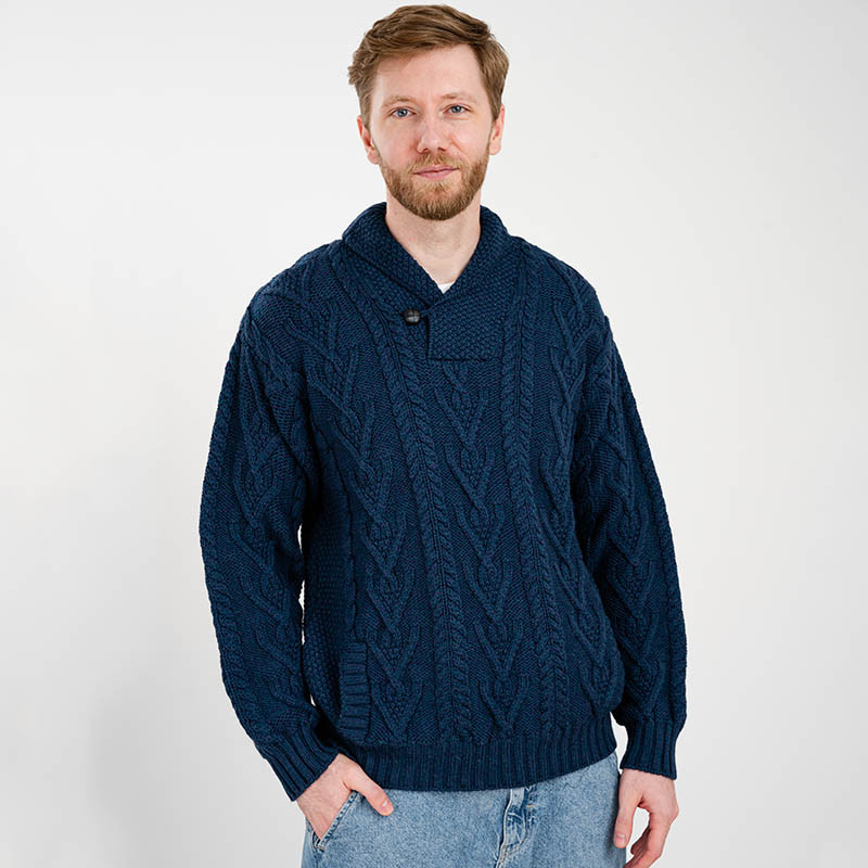 Men's Single Button Shawl Collar Aran Sweater | SAOL