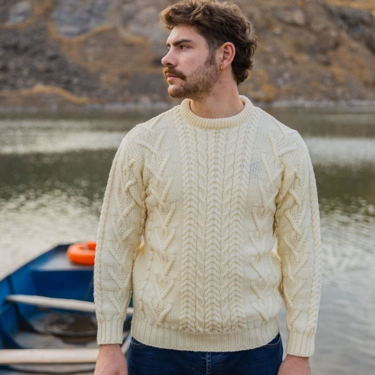 Army Green Traditional Men's Crew Neck Aran Sweater