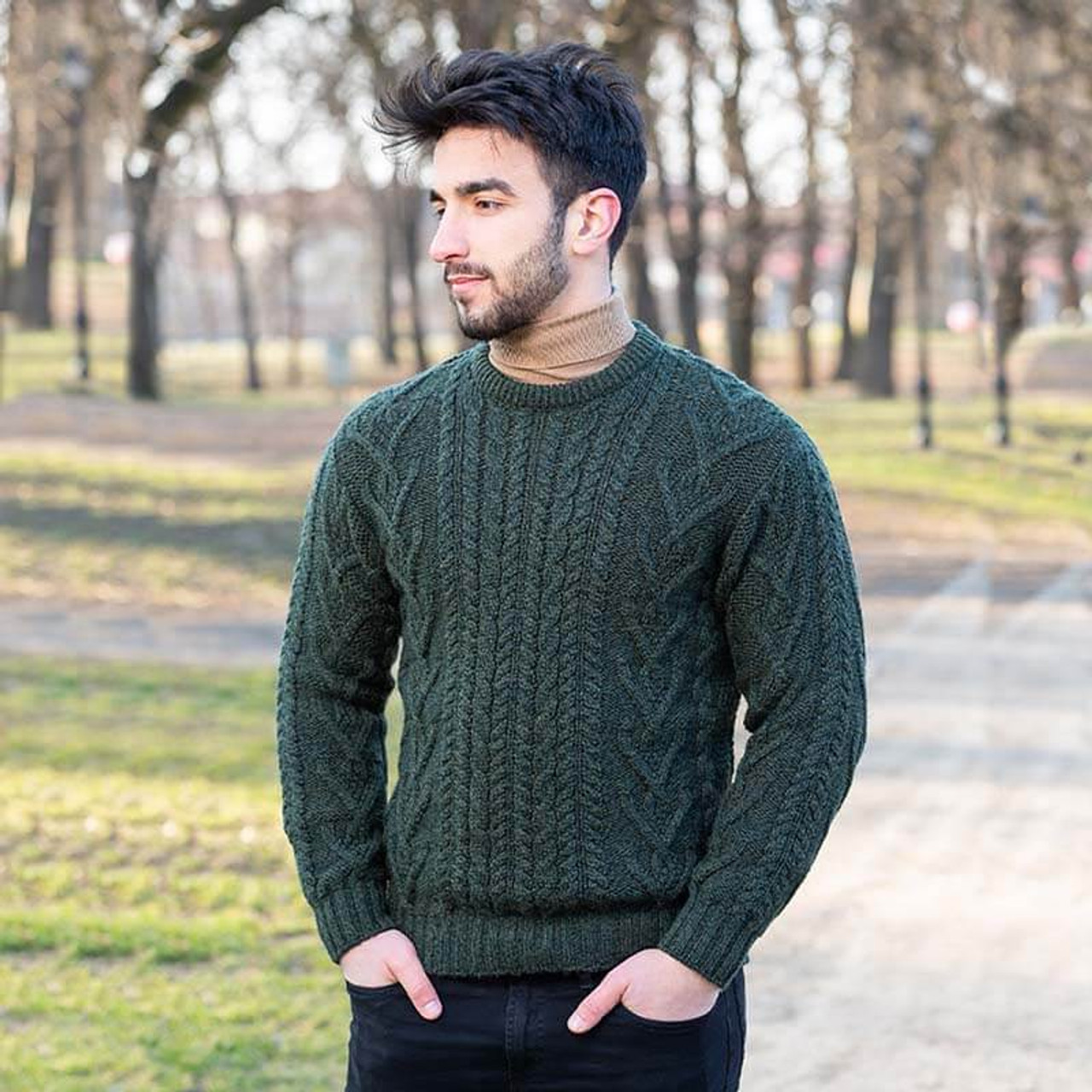 Army Green Traditional Men s Crew Neck Aran Sweater ShamrockGift