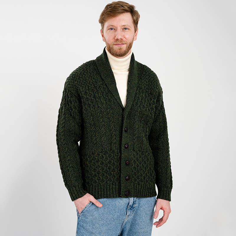 Men's Irish Aran Shawl Neck Cardigan | Aran Stitching | 100