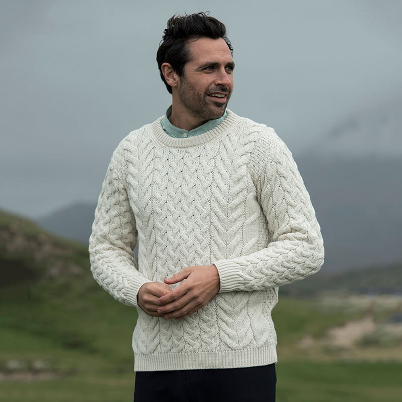 Natural Traditional Men's Crew Neck Aran Sweater | Shamrockgift.com