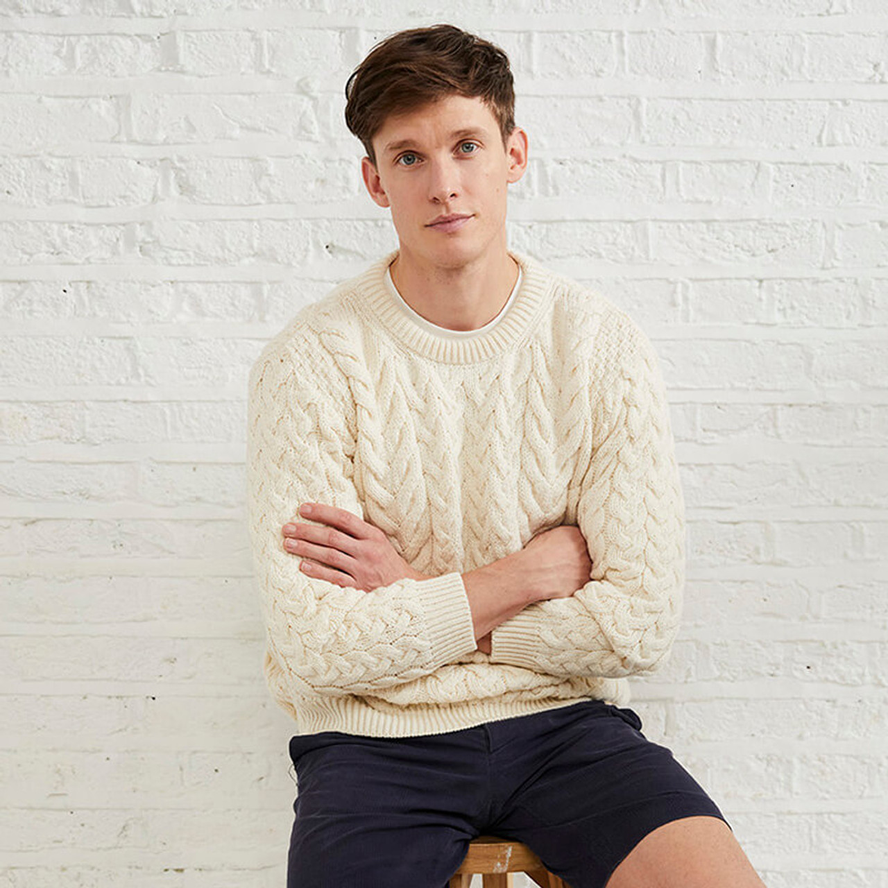 Natural Traditional Men's Crew Neck Aran Sweater