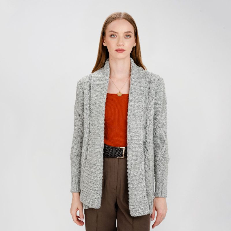 SAOL Women's Wool Open Front Aran Cable Knit Cardigan | ShamrockGift