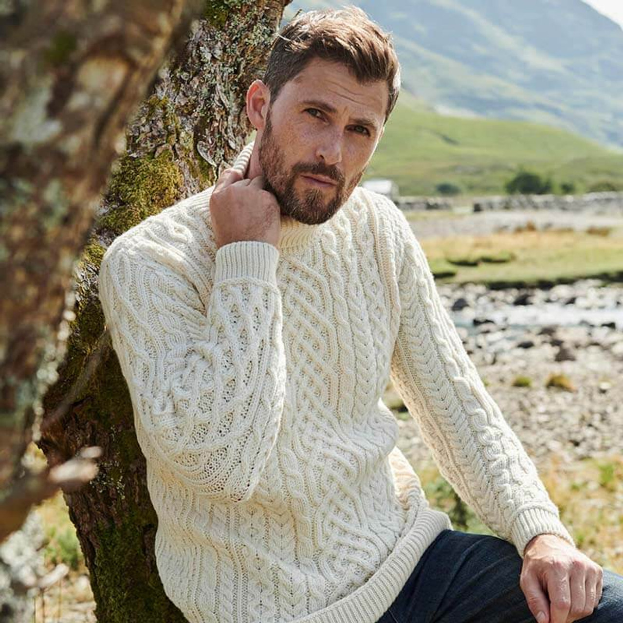 Buy Men's Irish Traditional Aran Wool Pullover Sweater, White, M at