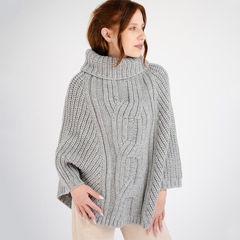 Green Irish Wool Cable Knit Cowl Neck Poncho for Women | SAOL