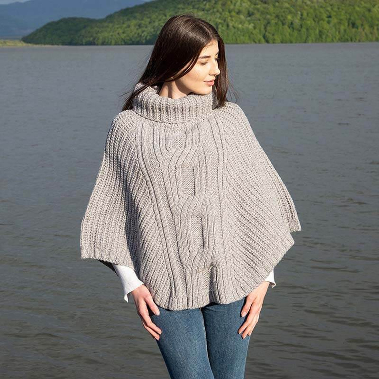 Irish Wool Cable Knit Cowl Neck Poncho for Women