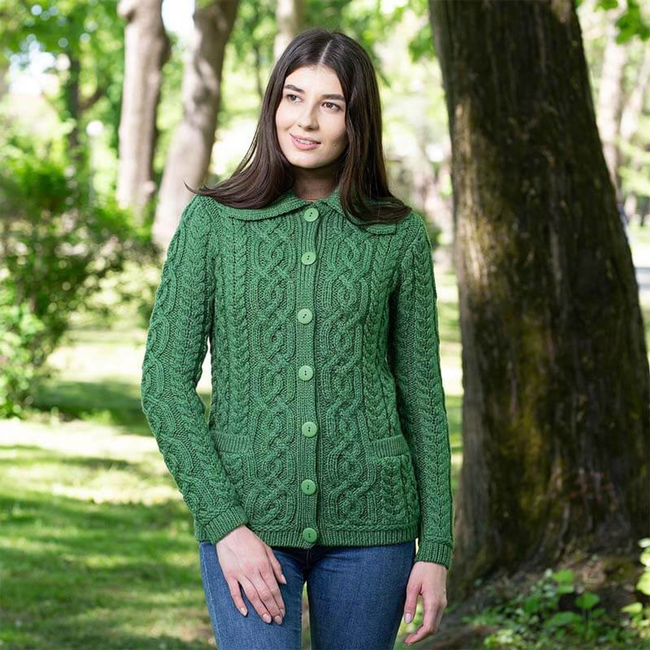 Ladies Long 3-Pattern Collared Merino Cardigan