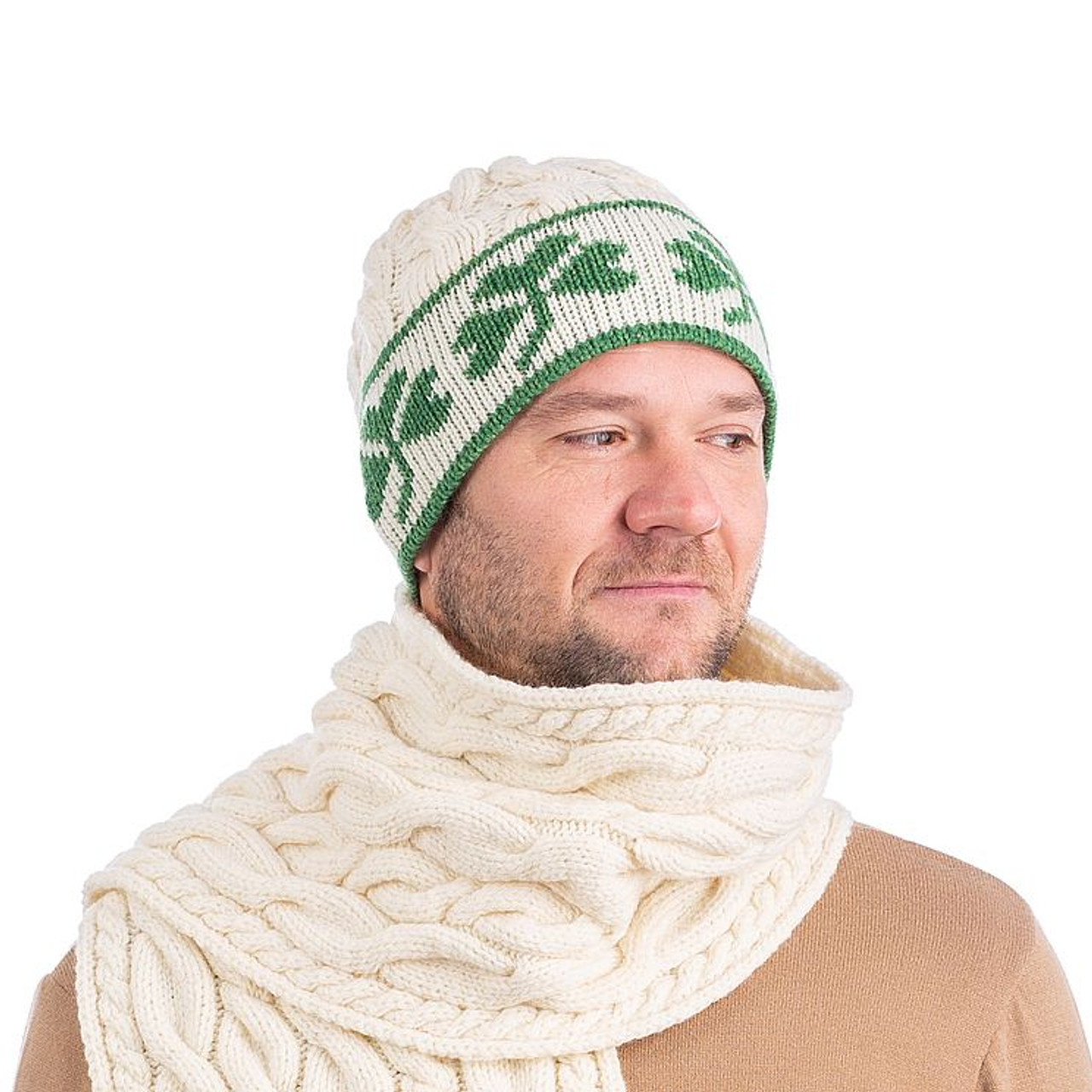 Men's Wool Cable Knit Hat with Shamrock Design