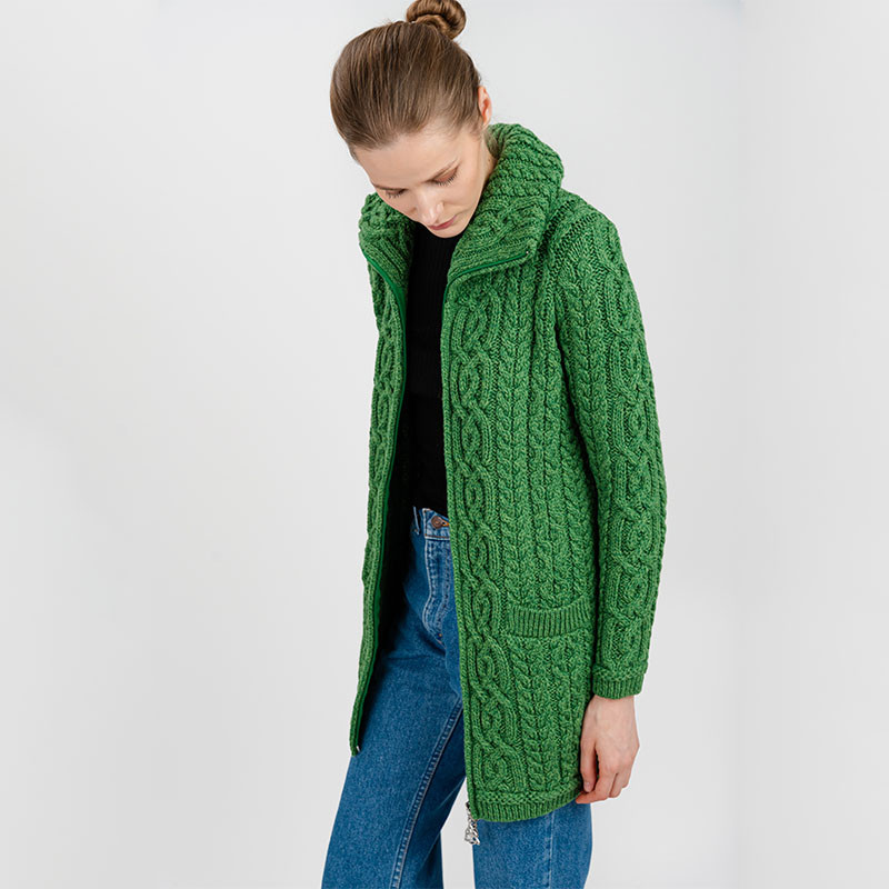 Merino Wool Chunky Collar Aran Cable Knit Coat | Fast US Delivery