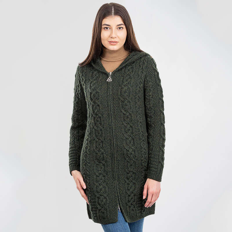 Hooded Aran Coat with Celtic Knot Zipper | SAOL| Shipping from US