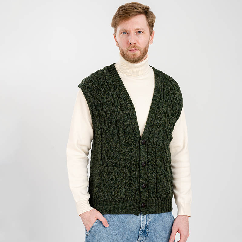 新品 todayful Slub Aran Vest Men's Sleeveless Aran Cardigan | SAOL Collection | ShamrockGift.com