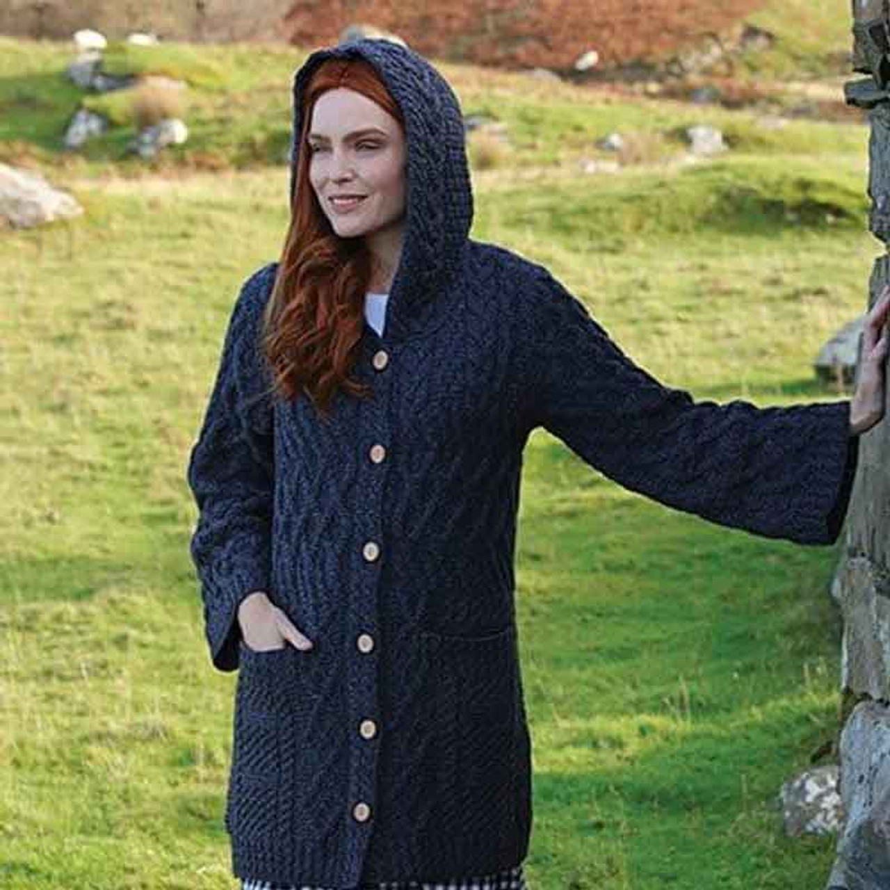 Long knitted cardigan with on sale hood