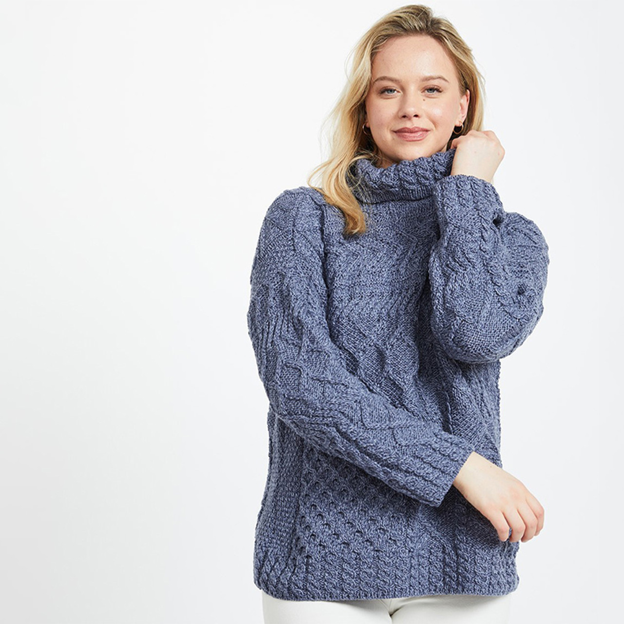 Ladies Roll Neck Wool Irish Pullover Sweater, Aran Woollen Mills